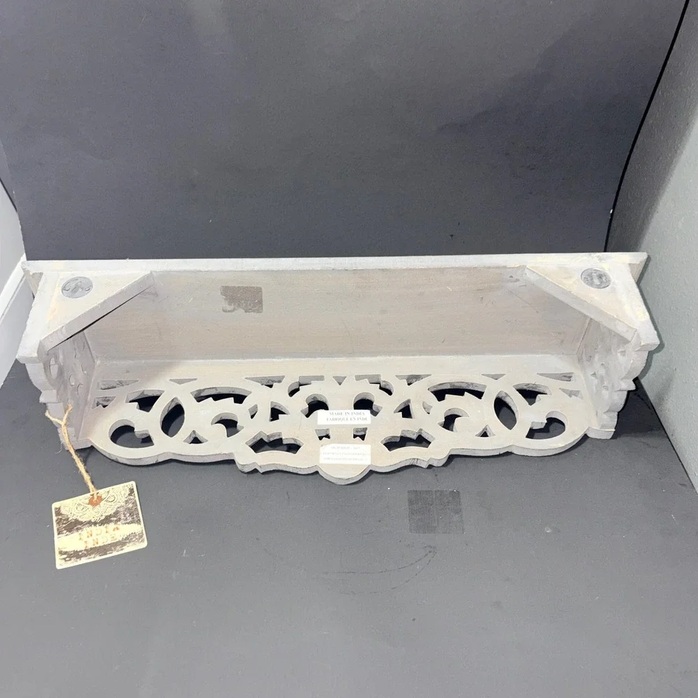 Handcrafted Indian Wood Wall Shelf Ornate Carved Scrollwork Distressed Grey 24in